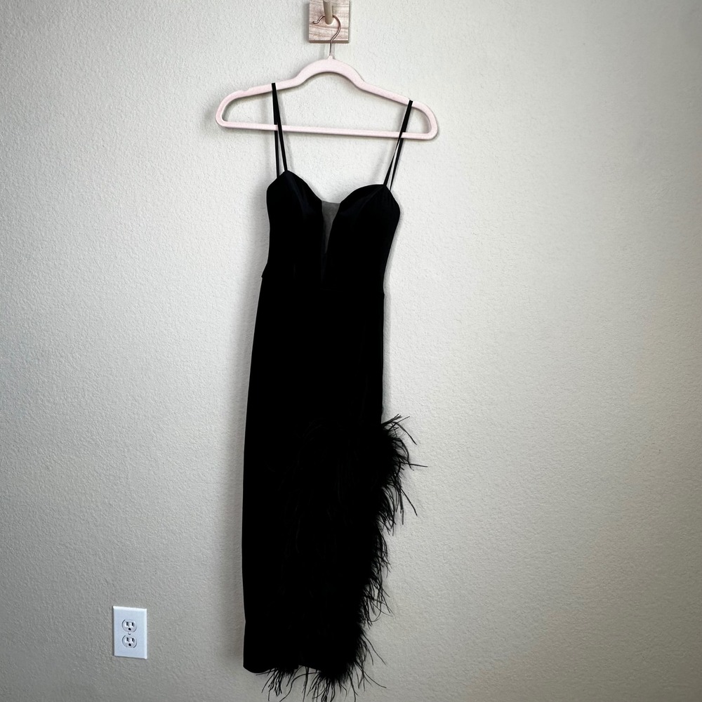 Alex & Sophia Black Velvet Feather Trim Midi Dress Sweetheart Neck 0 196BN46